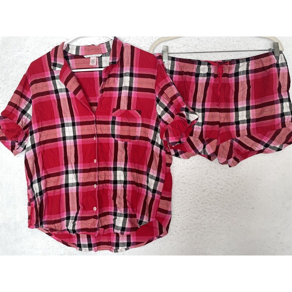 VICTORIA SECRET 2Pc Flannel Pajama Short Set Pink Bling Sz M plaid